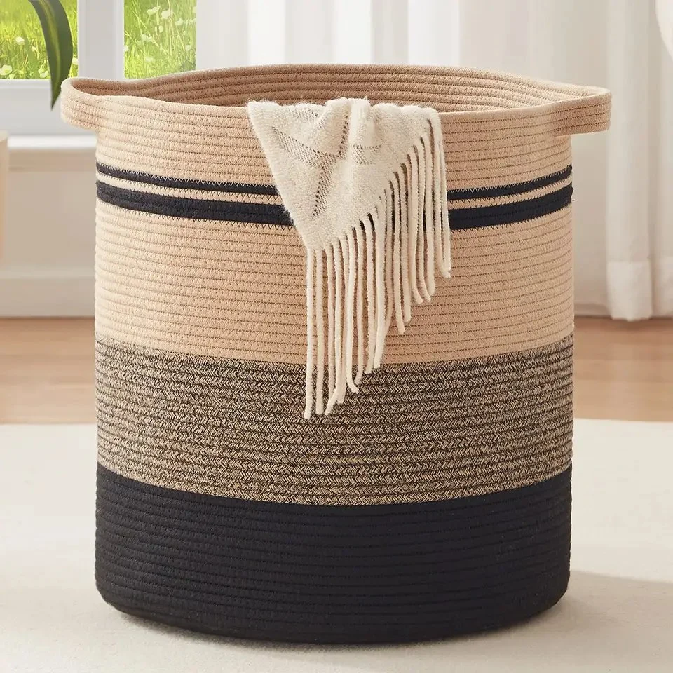 2023 New Style Woven Cotton Rope Storage Basket Laundry Basket