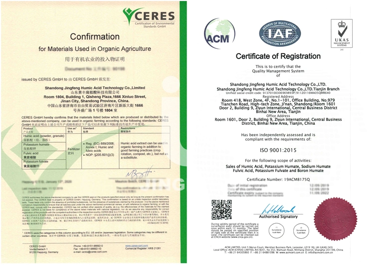 Certificación ecológica Ceres Bio fertilizante Fulvic Acid con un 10% del potasio