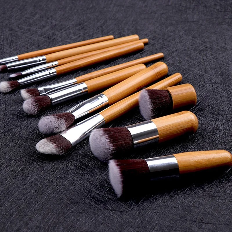 11PCS Bamboo Makeup Brushes with Canvas Bag Popular Kabuki Brushes Synthetic Fiber Cosmetic Brushes Set