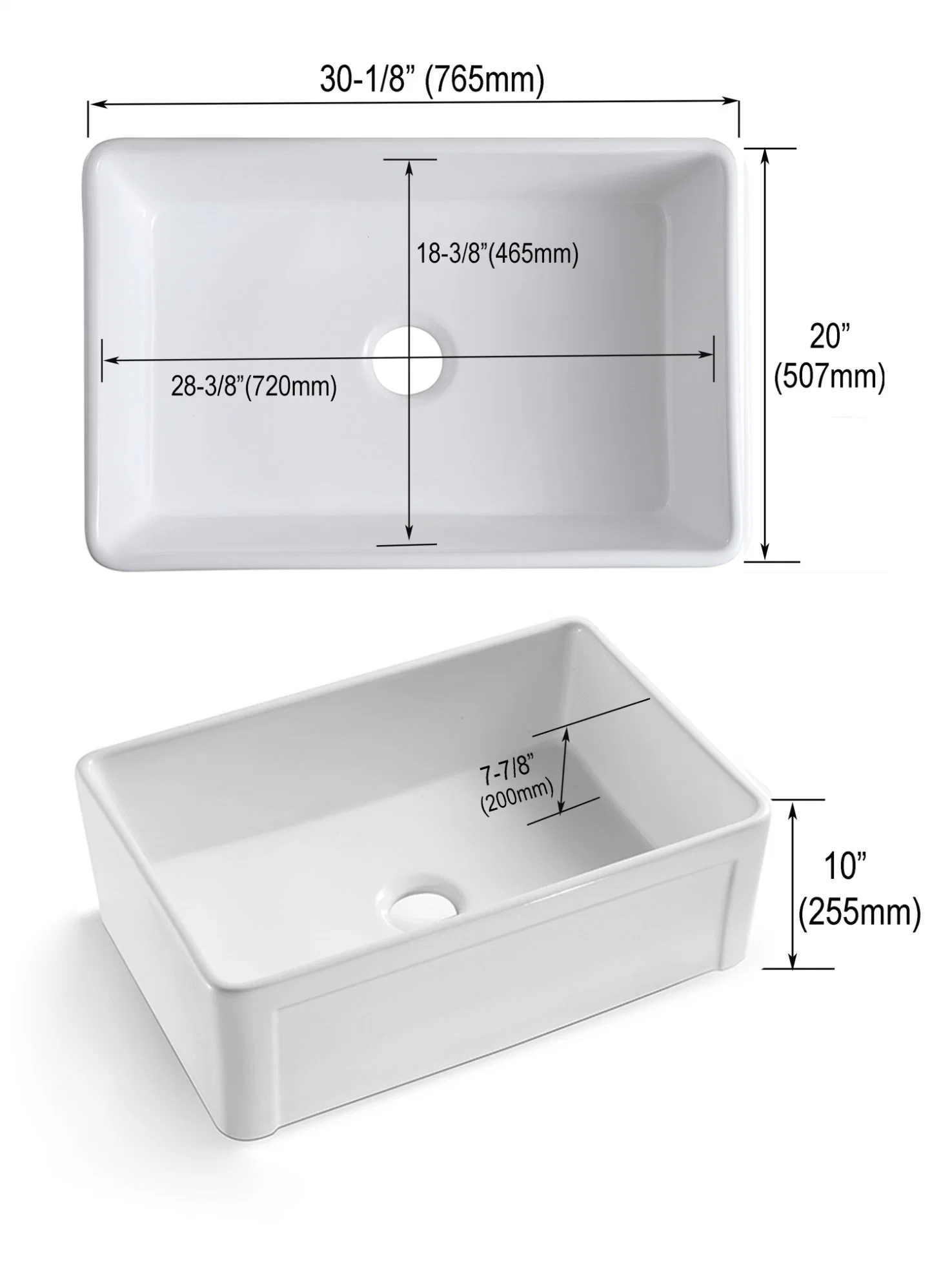 Cocina al por mayor Blanco brillante Porcelana Top Mount rectangular Farmhouse Cerámica Vitrosa China delantal frente Pica