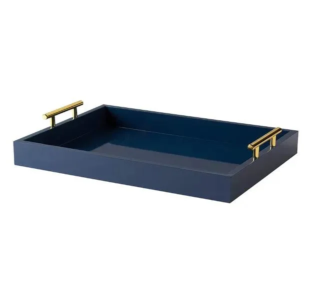 New Trend Home Decorative Table Decor Navy Blue Rectangle Metal Polished Handle Wooden Tray Food Party Wood Serving Tray