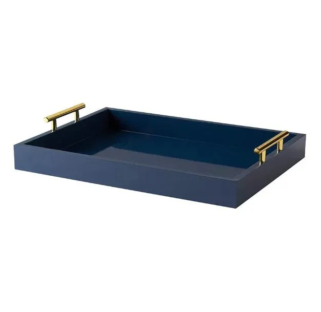 Nueva Tendencia de Decoración Hogar Decoración de mesa rectángulo azul marina pulido de metales de alimentos de la bandeja de madera de mango de madera de parte de la bandeja de servicio