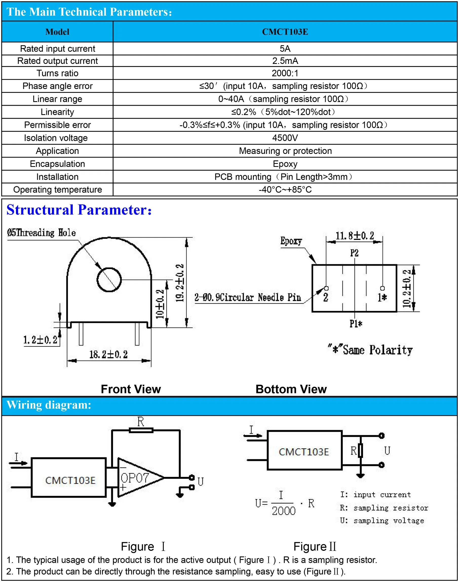 Current Transformer 5A/2.5mA 0-40A Range PCB Mounting CT