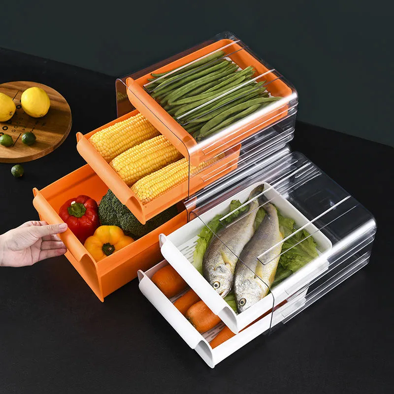 Kitchen Vegetable Fruit Transparent Plastic Pet+PP Stackable Container Storage Box Refrigerator Drawer Fridge Organizer