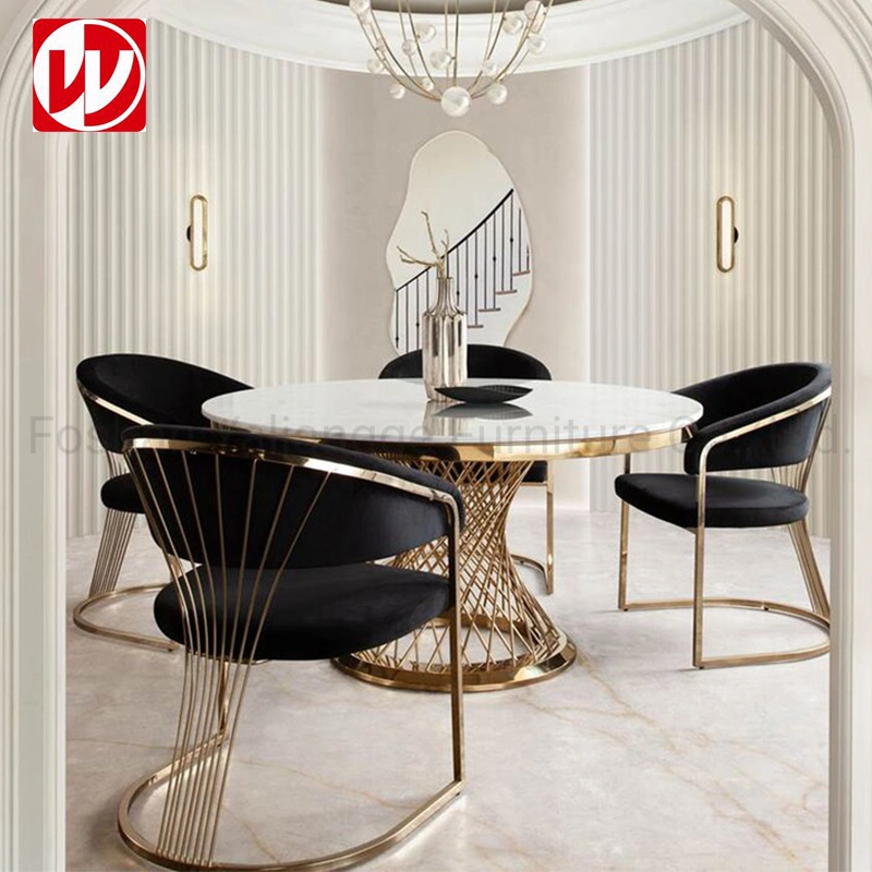 Diseño moderno, Muebles de Comedor mesa de comedor de mármol con sillas para banquetes de acero inoxidable Oro