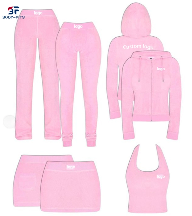 2022 Autumn Custom Logo Pink Streetwear Terry Towel Bodysuit Tracksuits Vest Short Sweatshirt Pants 2 Piece Set Women's Sets