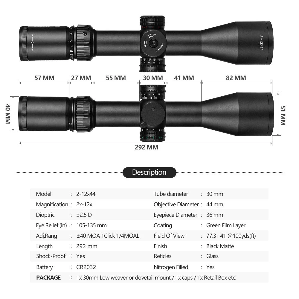 2-12X44 Hunting Optical Scopes Sight Glass Etched Reticle Scopes