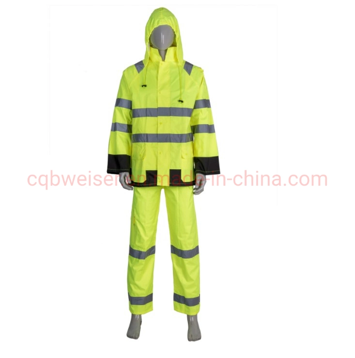 Verde fluorescente dos piezas resistentes al agua Rainwear reflectante adultos traje de lluvia