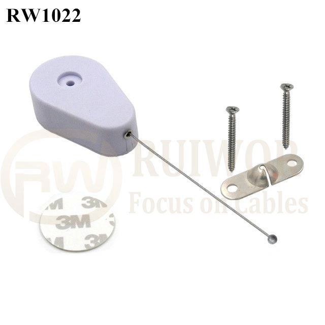 Drop-Shaped Retractable Security Tether Plus Two Screw Perforated Oval Metal Plate Connector Installed