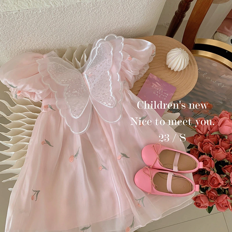 2023 Summer New Girls Sweet tridimensional sequins Wings Flores bordadas Vestido Princesa de manga curta com bolhas