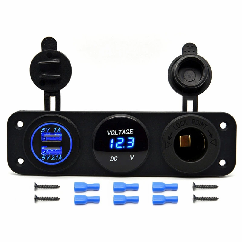 Auto Digital LED Voltmeter Stromzähler + 12V Zigarettenanzünder Buchse + 2 USB-Anschlüsse Auto-Ladegerät für SUV, Wohnmobil, Wohnwagen