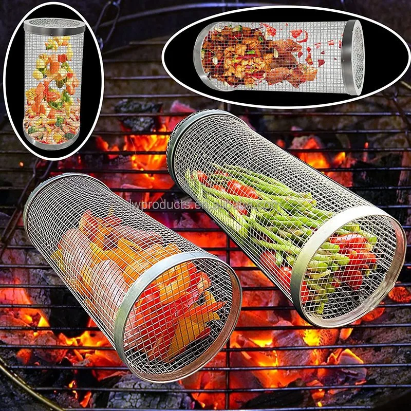 Acessório de cozinha chinesa Multipurpose não-Stick Round Churrasco cozinhando malha inoxidável Churrasqueira em aço cilindro de rede rolo Grill Basket Tools BBQ Acessórios