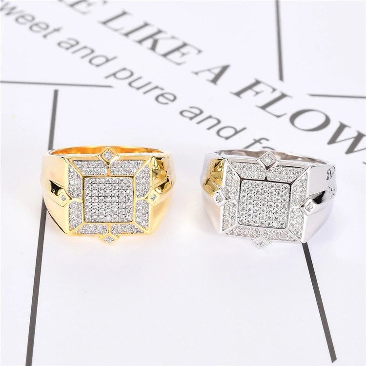 Hip Hop Luxury Jewelry Micro Paved AAA Cubic Zircon 18K Gold Plated Brass Men&prime; S Rings Wedding Rapper Jewelry Gift