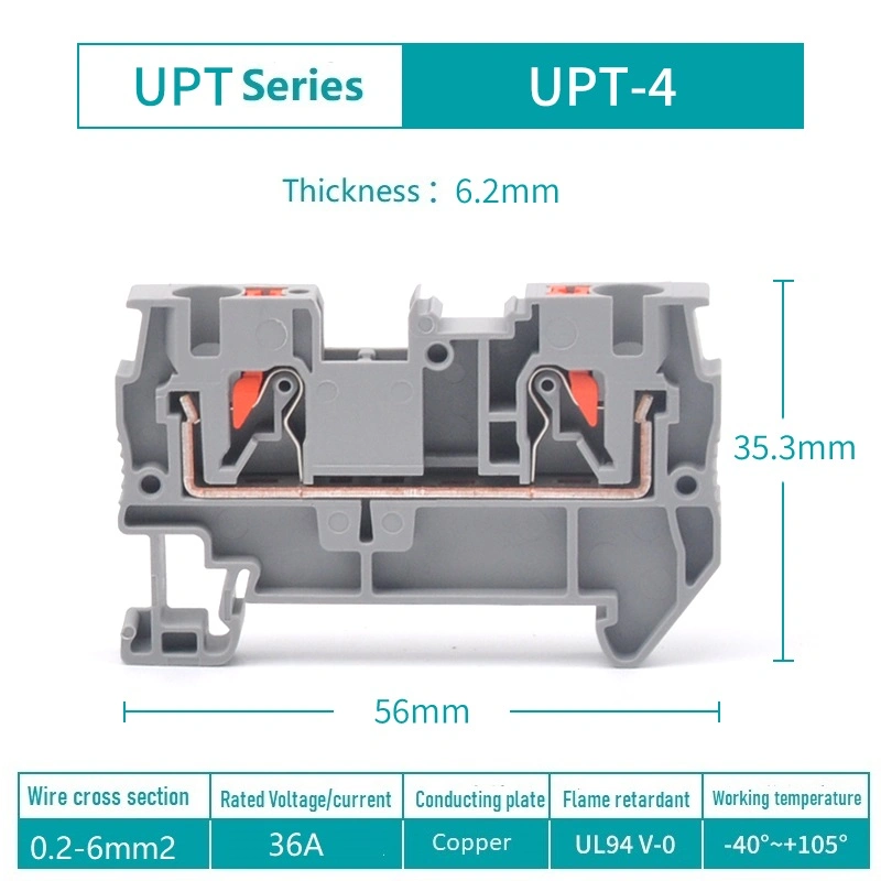 UPT 4 Einsteckanschluss Durchführung DIN-Schiene Kunststoff Anschlussklemmenblock Aus Messing