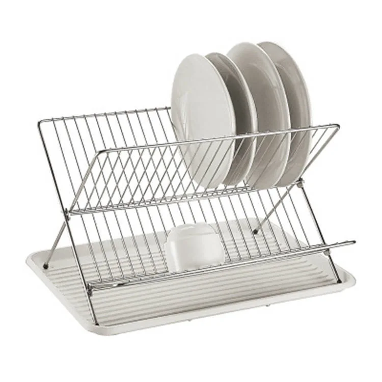 Foldable X Shape 2 Tier Dish Drainer Plate Rack with Drainboard