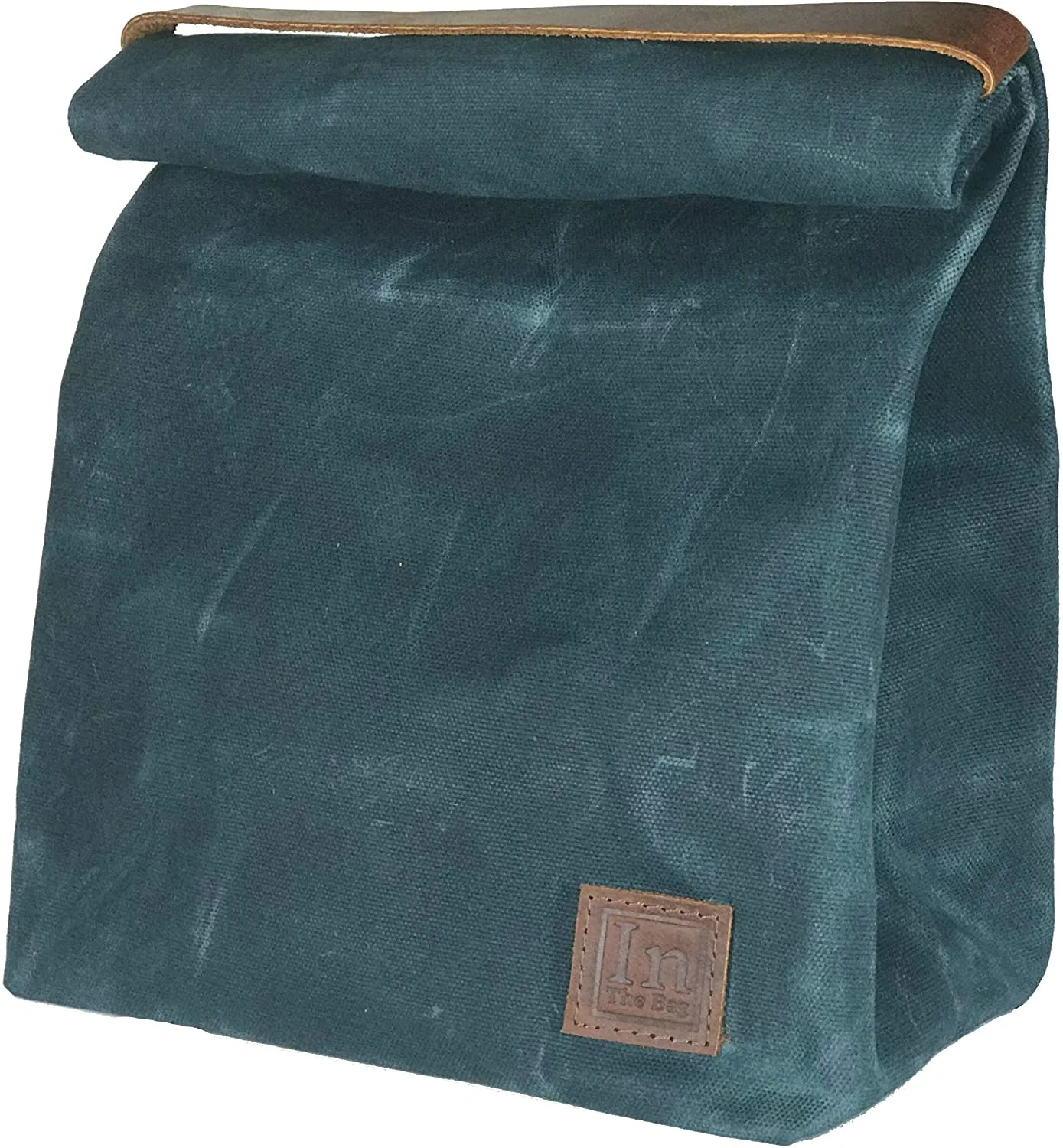 Lunch Bag Box Large Lined Waxed Canvas Roll Top Tote Bag with Leather Handle and Brass Snap Closure