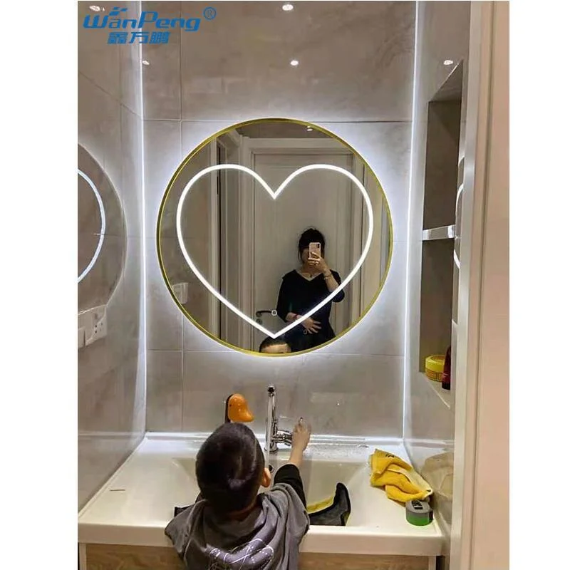 Beauty Bathroom Wall Furniture Products Aluminum Frame Heart-Shaped Light LED Glass Mirror with Intelligent Functions for Hotel/Home/Salon Decoration