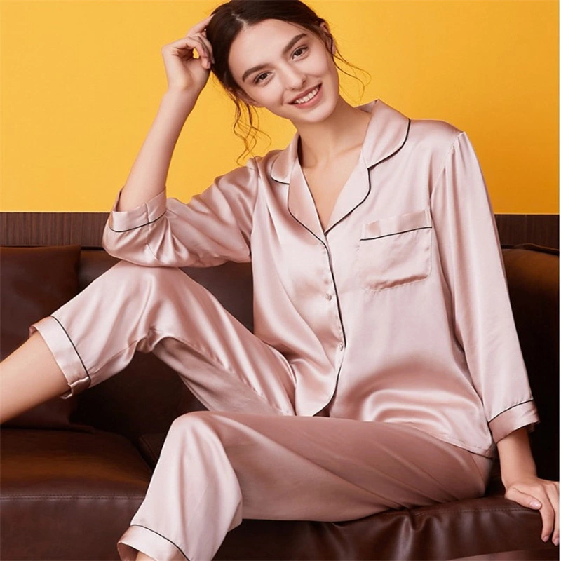 Natural Pure Silk Pajamas Women Wholesale Chinese Long Glossy Girls Sleepwear Silk Pajamas