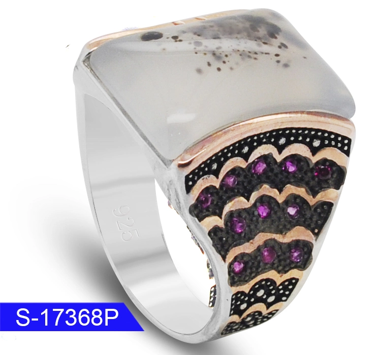 925 Sterling Silver Jewelry Islamic Natural Agate Zirconia Stone Finger Ring for Man