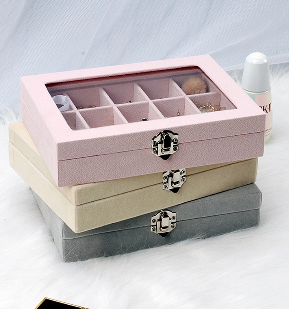 Ins Hot Glass Window Velvet Jewelry Packaging Grid Jewelry Tray Box for Bracelet