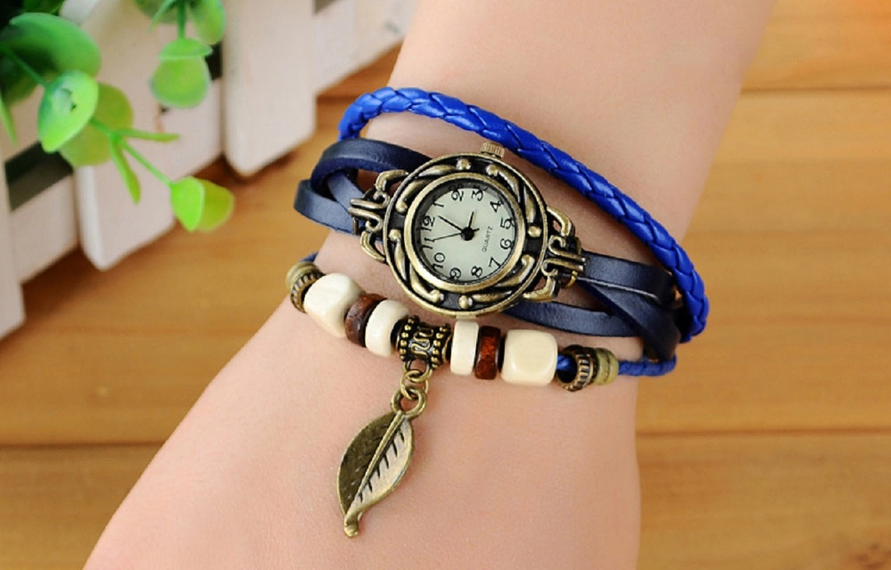 Womens Watches Vintage Wrap Around Bead Leaf Bracelet Quartz Analog Wrist Watch Braided Leather Band Fashion Bracelet Watch Esg13636