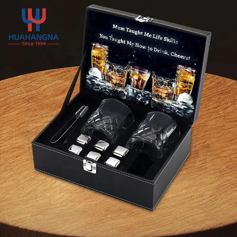 Amazon Bar Accessories Stainless Steel Chilling Metal Whiskey Ice Cubes and Round Whisky Glasses in Leather Gift Box