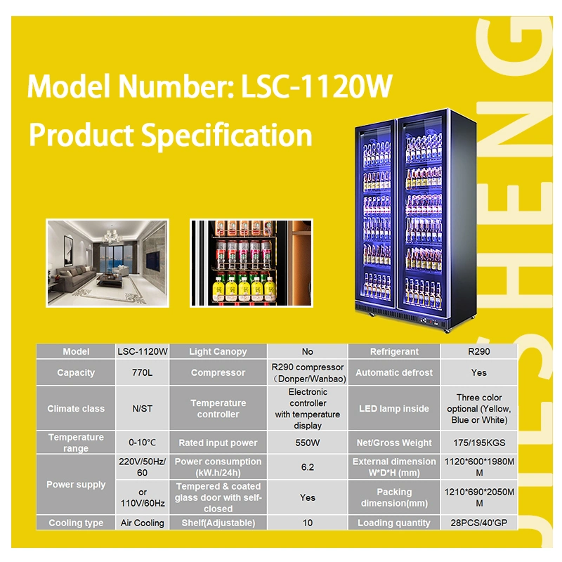 Commercial Vertical Beer Display Cooler Supermarket Double Door Drinks Refrigerator Lsc-1120W