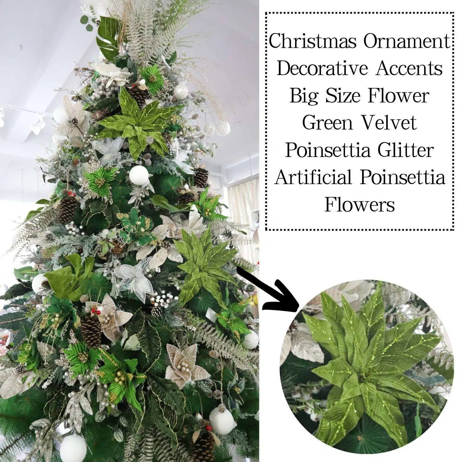 Christmas Ornament Decorative Accents Big Size Flower Green Velvet Poinsettia Glitter Artificial Poinsettia Flowers