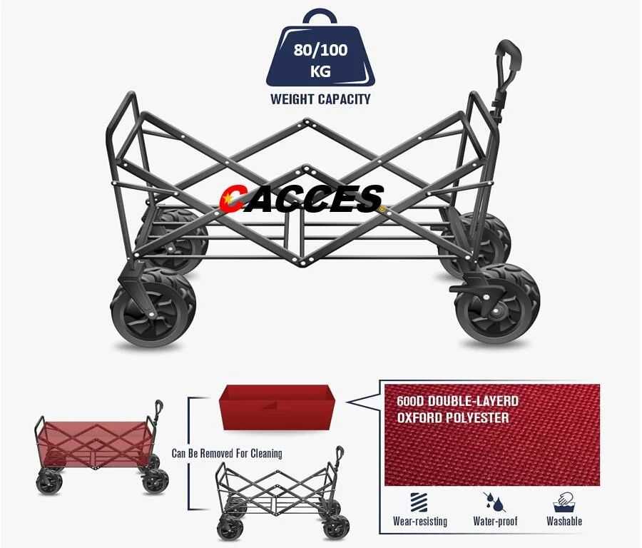 Familiale rabattable et pliable familiale familiale utilitaire avec poignée réglable Chariot Sport extérieur Heavy Duty Push Wagon Camping Jardinage de plage Chariot