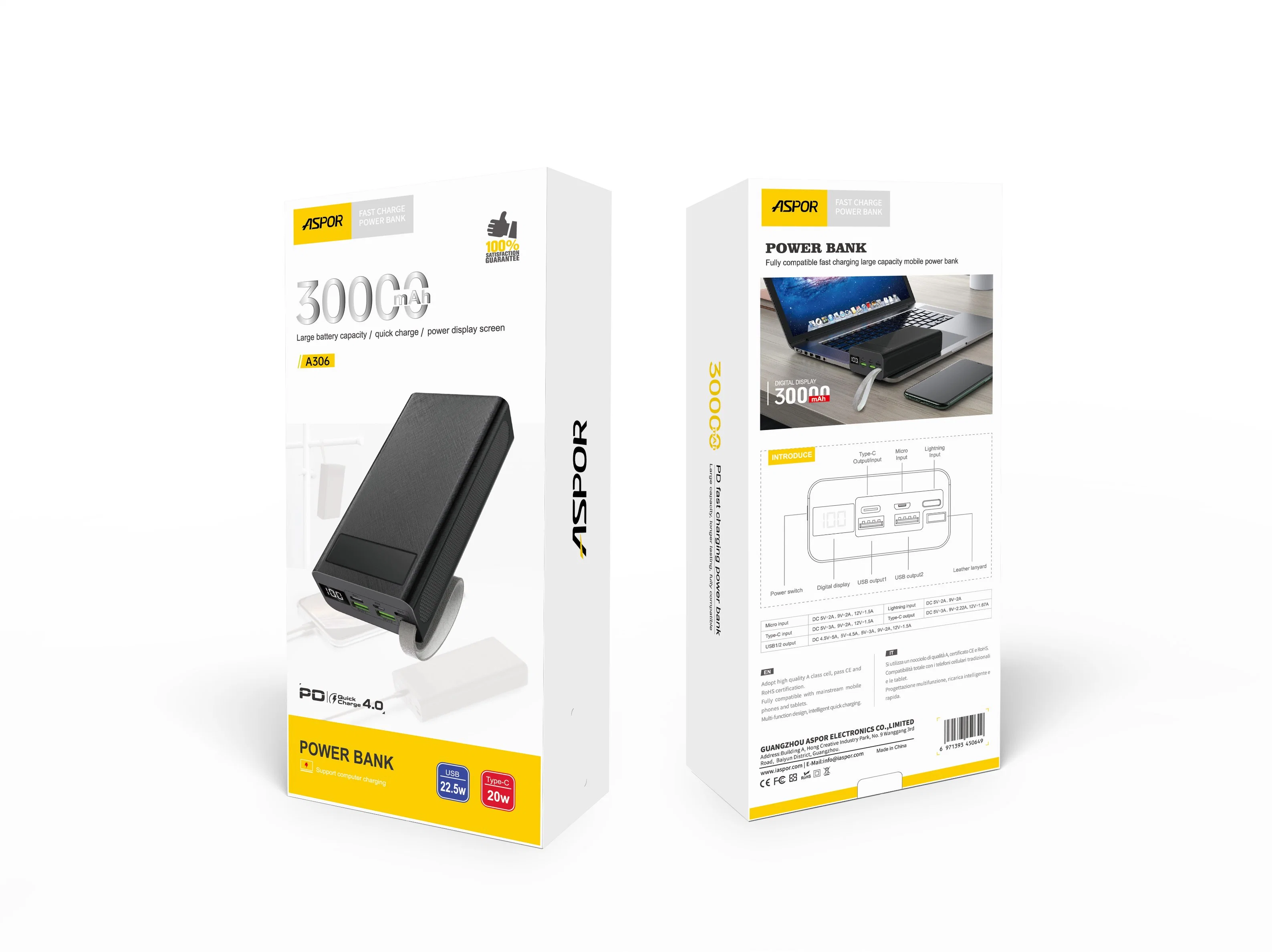 30000mAh Smart Portátil Multi-Compatible 22,5W carga rápida potência Powerbank 30000mAh