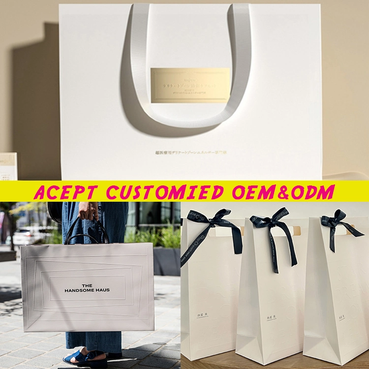 Commerce de gros imprimé personnalisé votre propre logo Emballage recyclable sac cadeau blanc Craft Shopping sac de papier avec les poignées de ruban