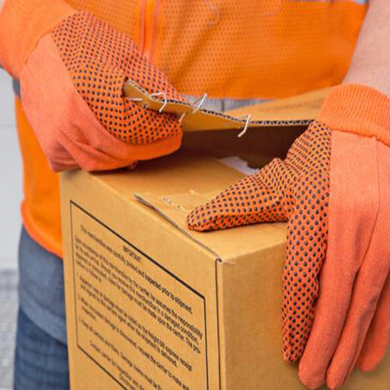 Hi-Vis Fluorescent Orange Cotton Canvas Men's Work Gloves Luvas Guantes with Black PVC Dots on Palm, Straight Thumb and Knit Wrist