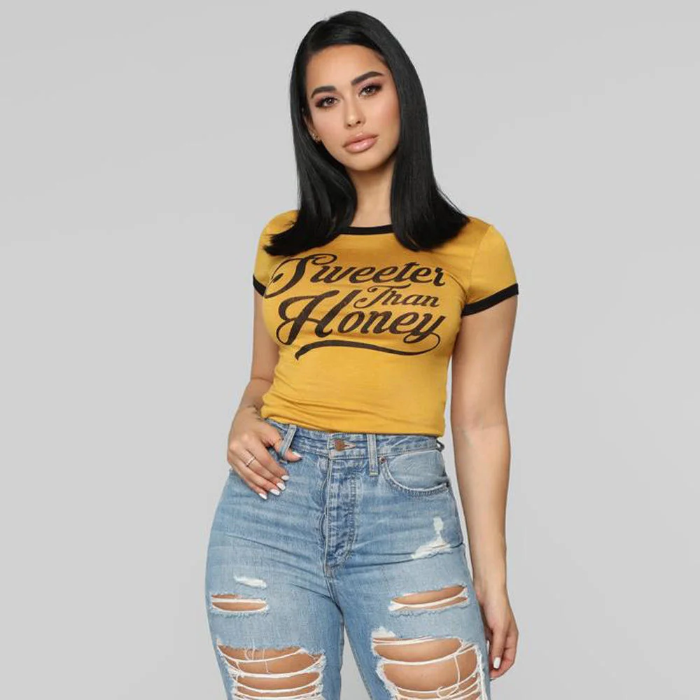 Summer New Design Women Casual T-Shirts Round Neck Short Sleeve Letter Print Slim Navel Tee Shirt