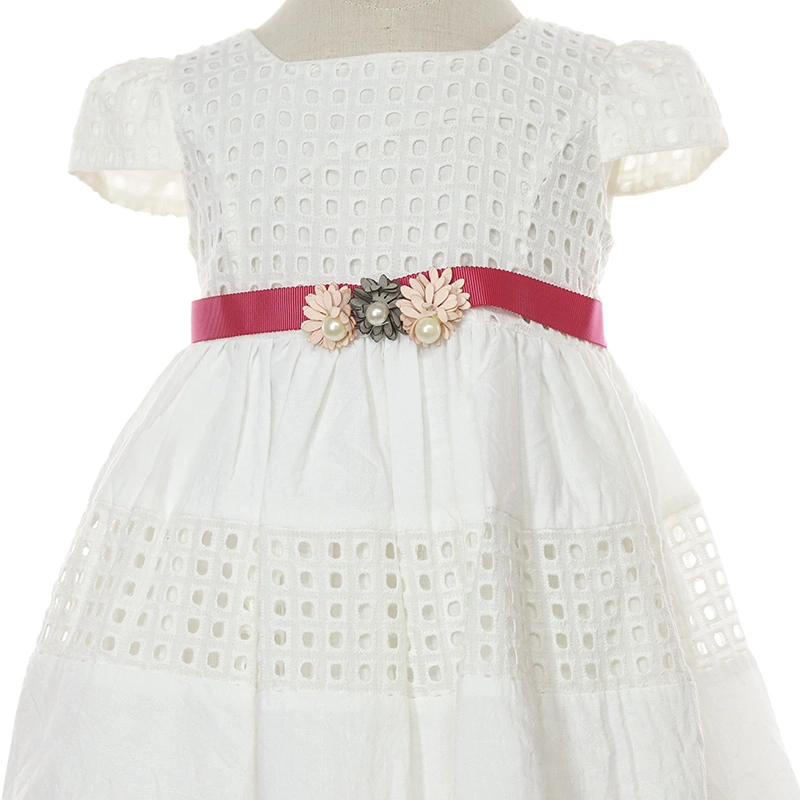 Cap Sleeve Kids Summer Clothing White 100% Cotton Lace Dress with Ribbon Waistline