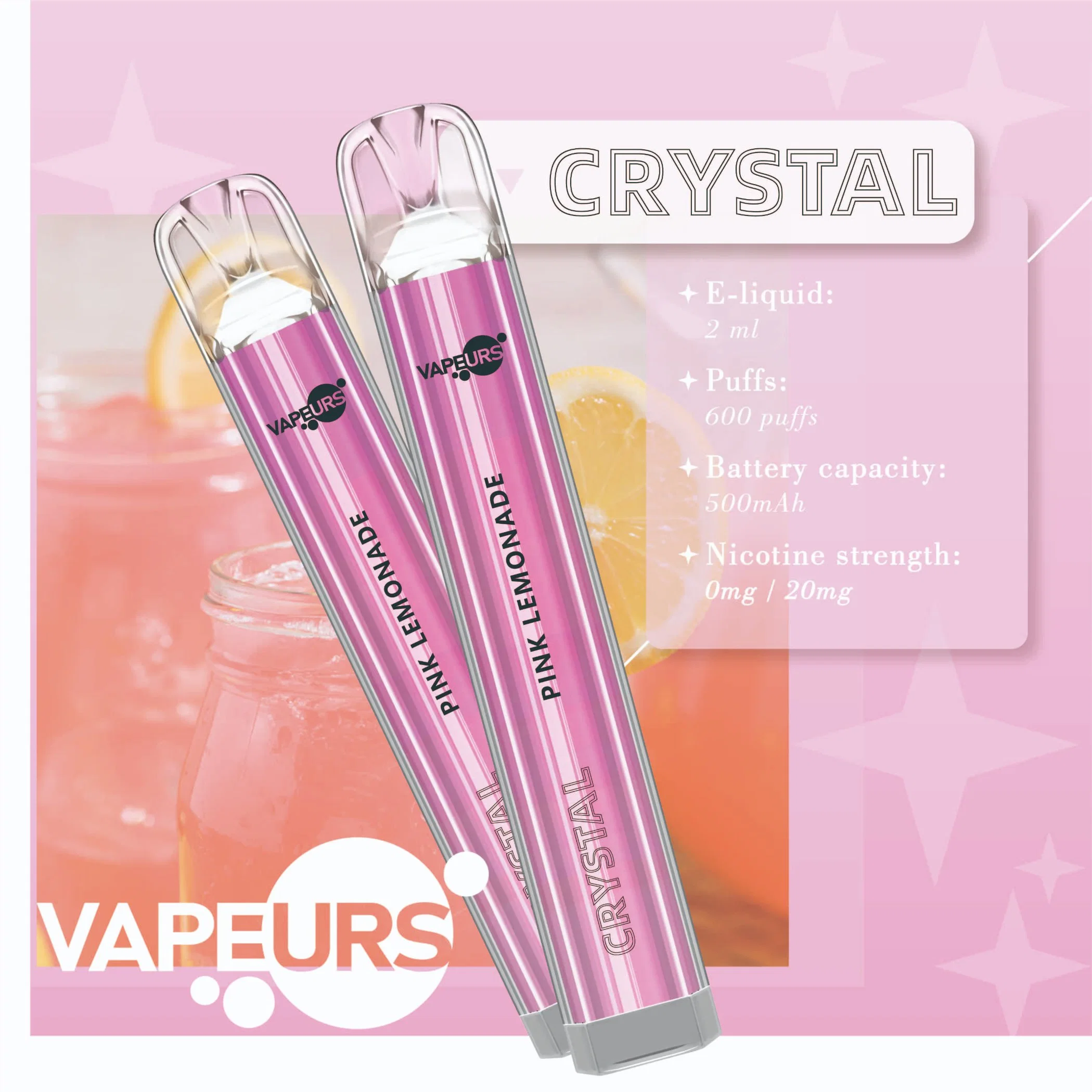 Vapeurs Crystal 600 Puffs descartáveis Vape Pen Smoking Pipe Hookah Cigarro electrónico