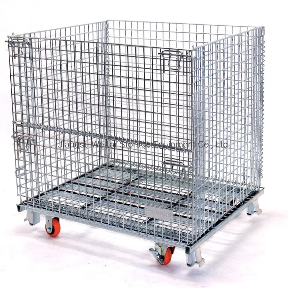 Stackable Folded Galvanized Steel Welded Heavy Duty Wire Mesh Container with Wheels