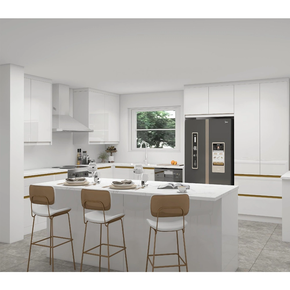 Melhor Venda moderno Design Modular prefabricados Mobiliário de cozinha White Alta verniz brilhante de armários de cozinha com ilha