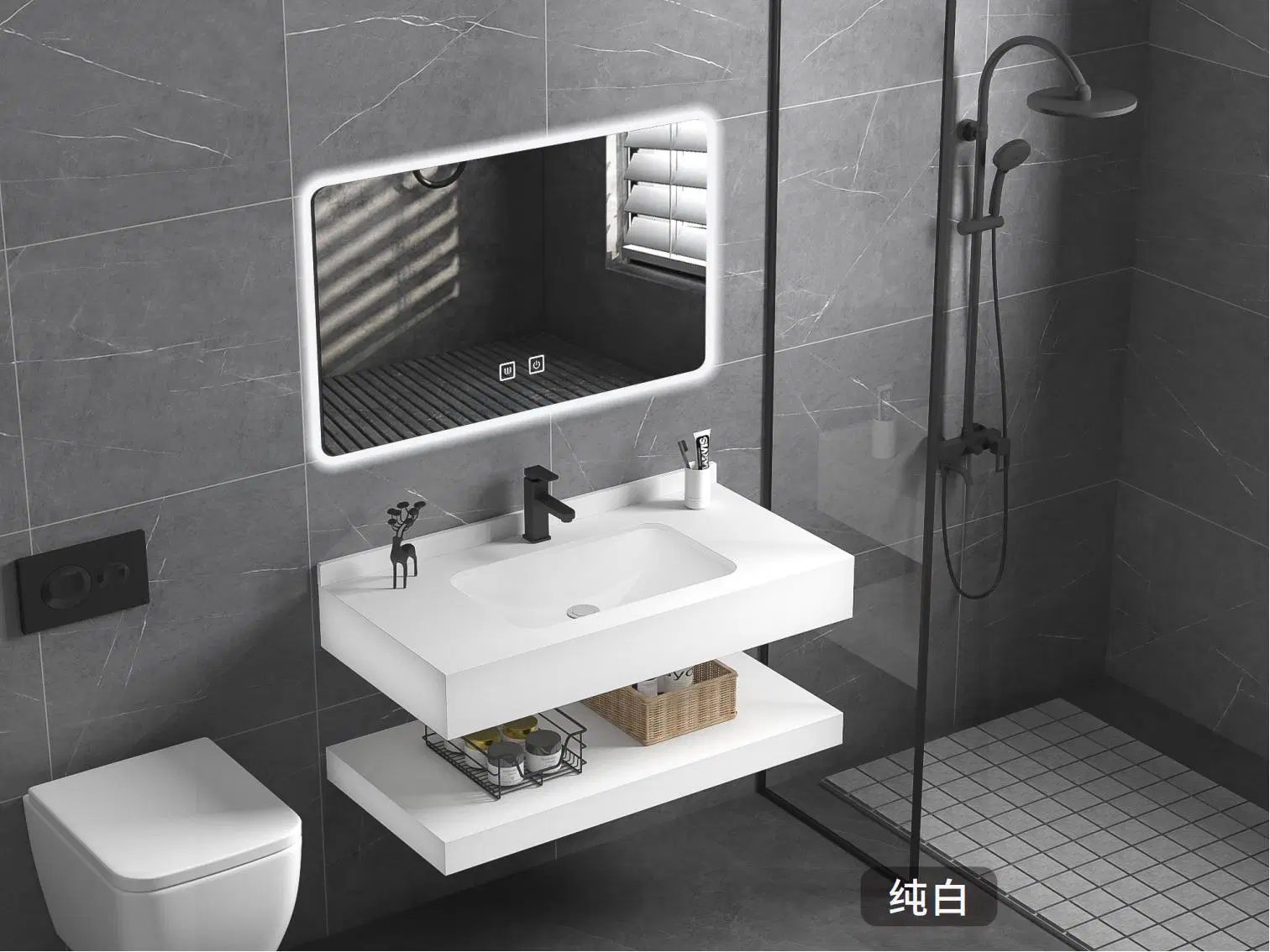 Modern LED Mirror Bathroom Furniture Cabinet Vanities Furniture with Rock Plate Basin