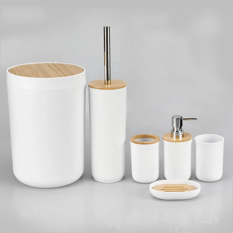 Ensemble de salle de bain moderne de luxe américain comprenant 6 accessoires en plastique avec couvercle en bambou.