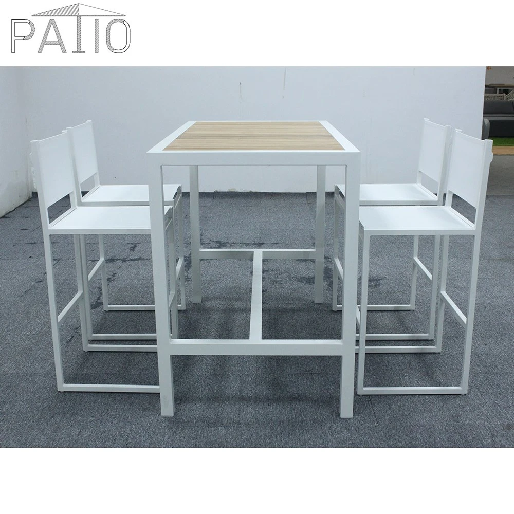 Outdoor Patio Faux Wood Aluminum Garden Dining Table and Bar Chair Furniture Set