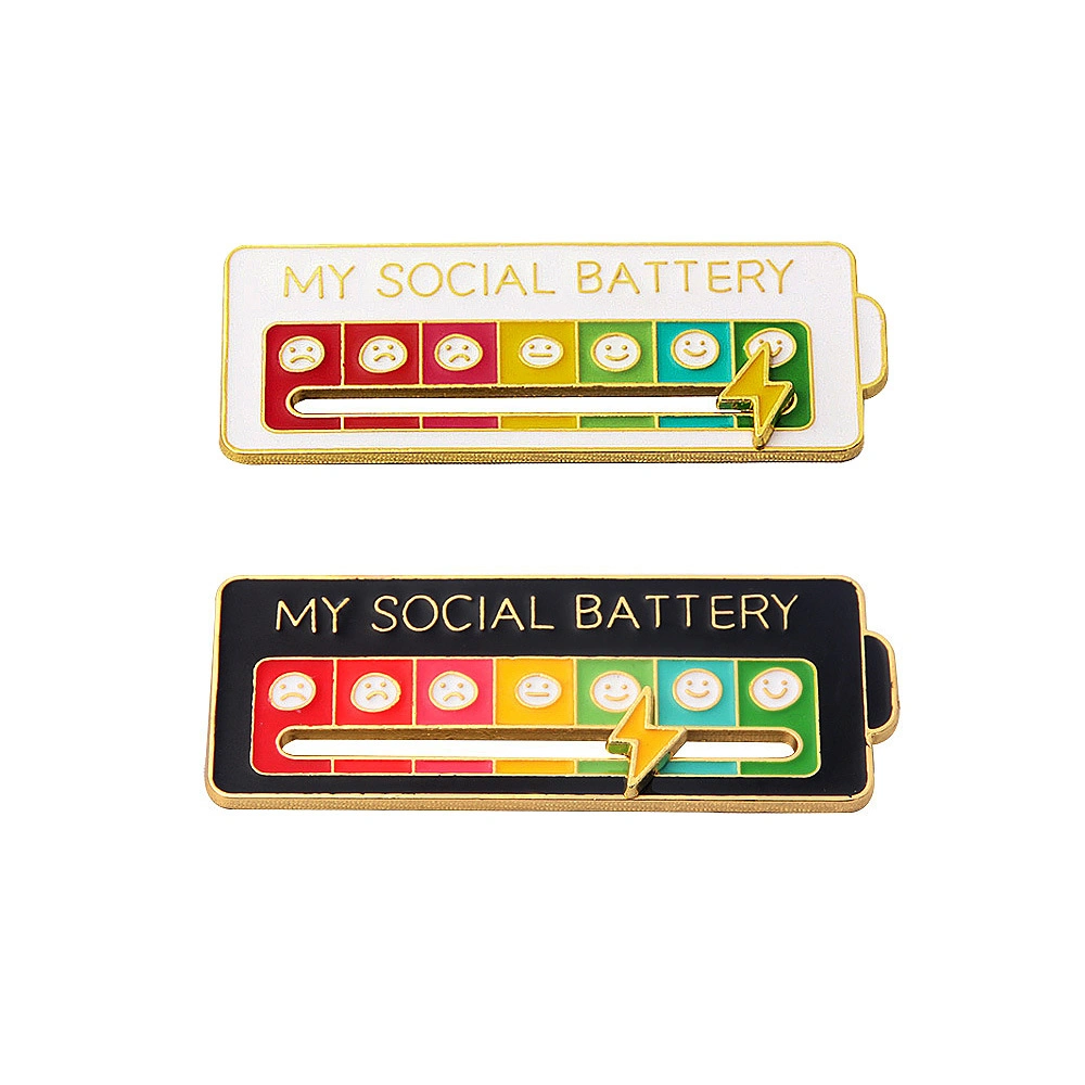 Factory Promotion Gifts Social Battery Creative Enamel Lapel Pin Sliding Brooch for Clothes Bag