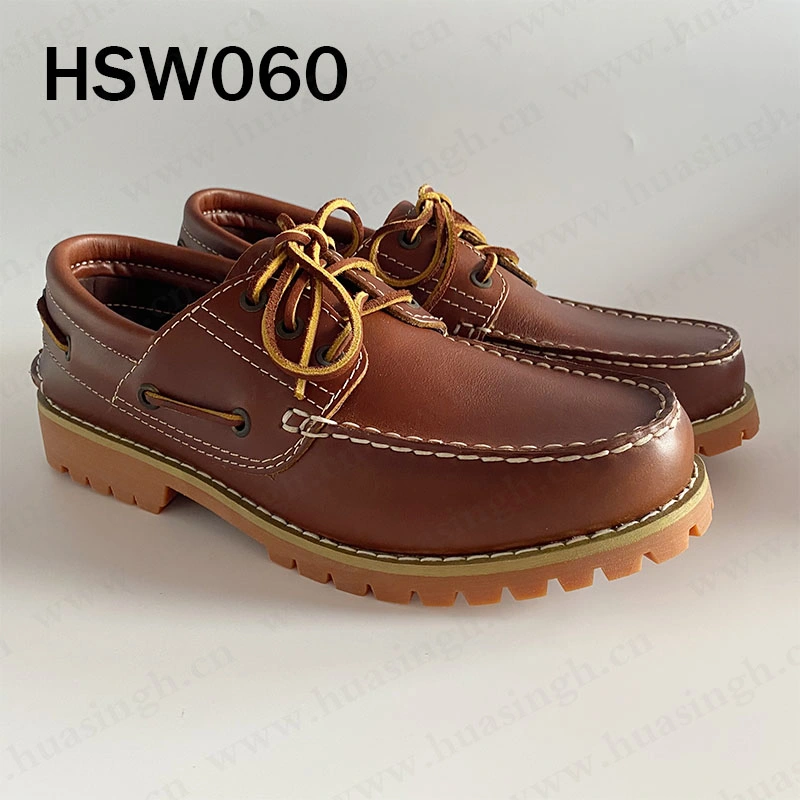 CMH, Spain Market Popular Hand Crafted Full Leather Rubber Sole Brown Boat Shoes Hsw060