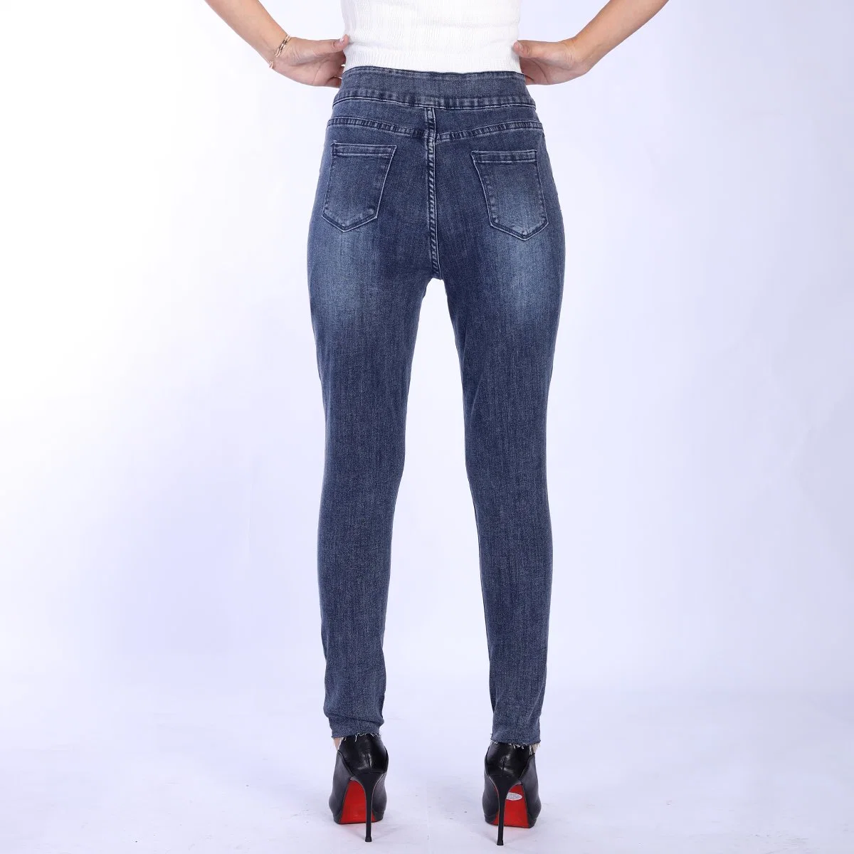 Custom Dark Blue Curvy Jeggings Pants Raw Hem Streetwear Women Skinny Jeans