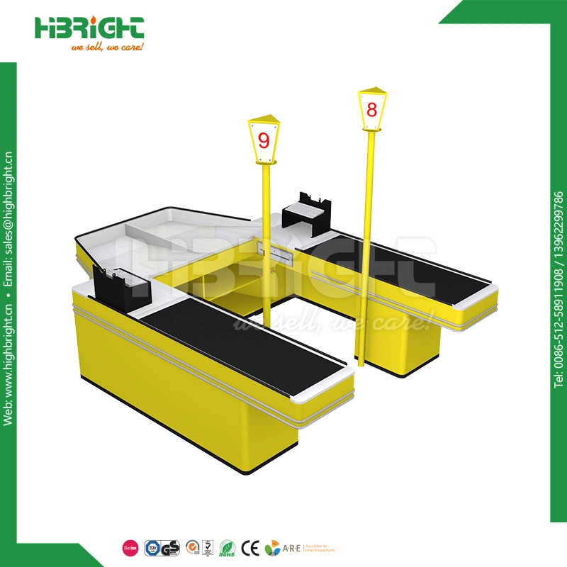 Supermarket Double Sided U Shaped Checkout Counter with Automatic Belt