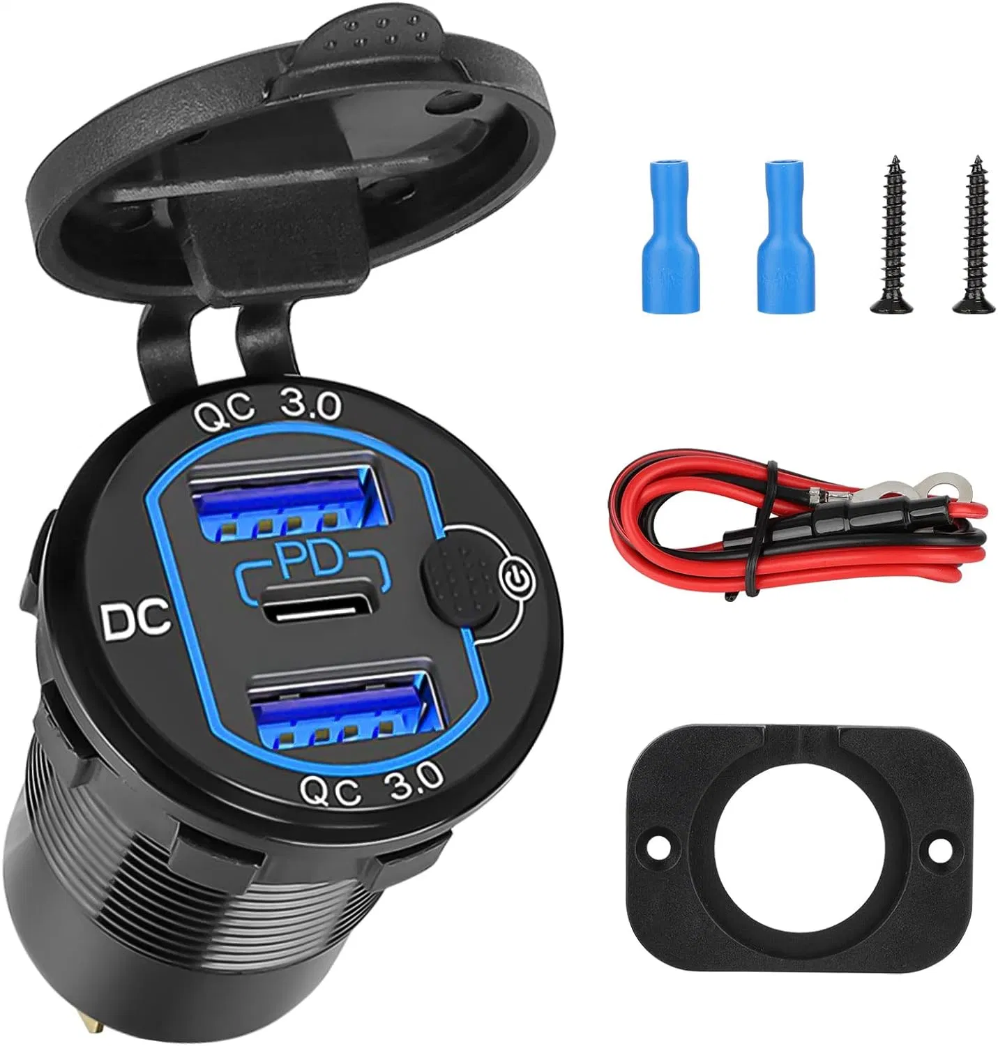 12V USB Car Socket Round USB C 12V Outlet, 3-Port Marine USB Fast Charger Waterproof Cigarette Outlet USB Replacement Aluminum with Switch & Voltmeter, Suitable