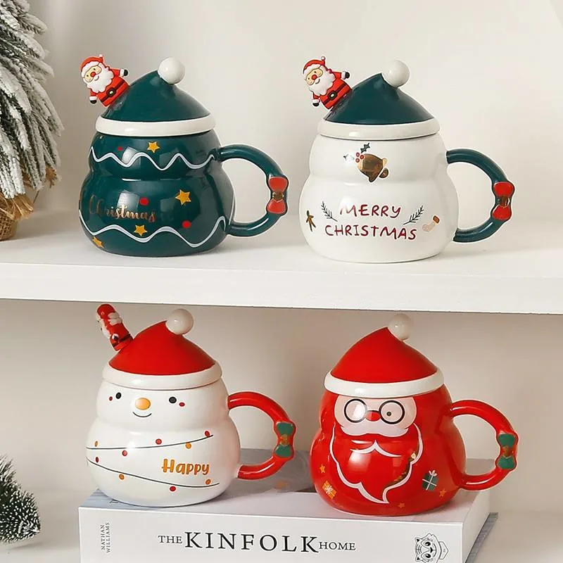 Regalos de Navidad al por mayor té de muñeco de nieve personalizado Oficina de café Porcelana de invierno Juegos de vasos con tapa de cuchara