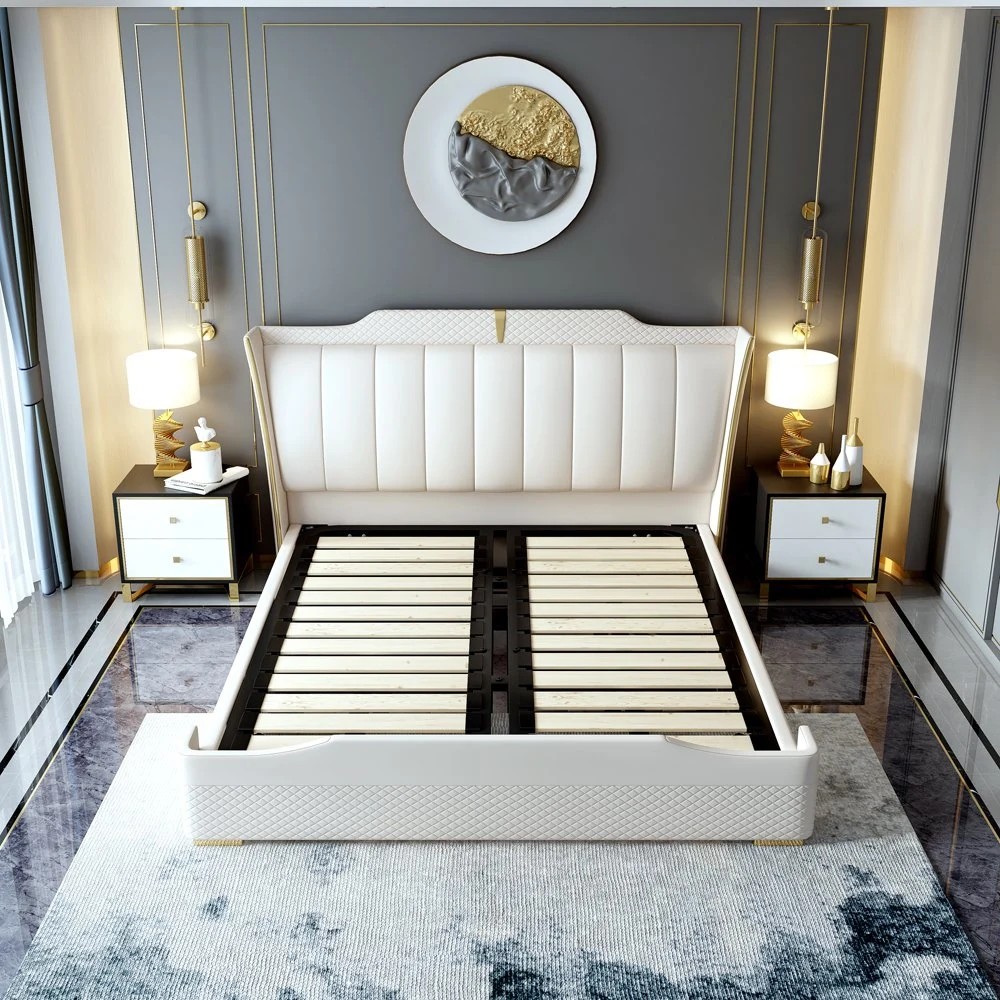 Hôtel Home Design moderne literie de luxe blanc en bois cuir Chambre Ensemble de meubles