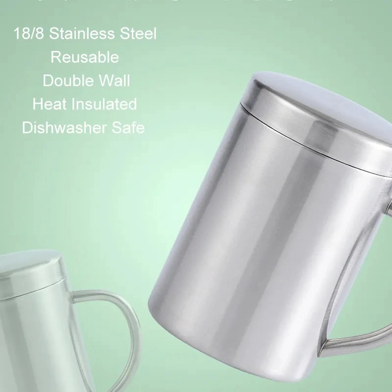 Double Wall Insulated Stainless Steel 304 Mug Cup with Handle Lid