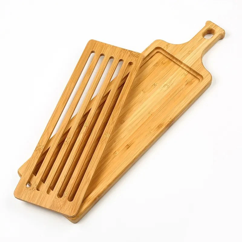 Long Strip Bamboo Bread Cutting Board with Handle and Slotted Bread Paddle Serving Board with Crumb Catcher Grid
