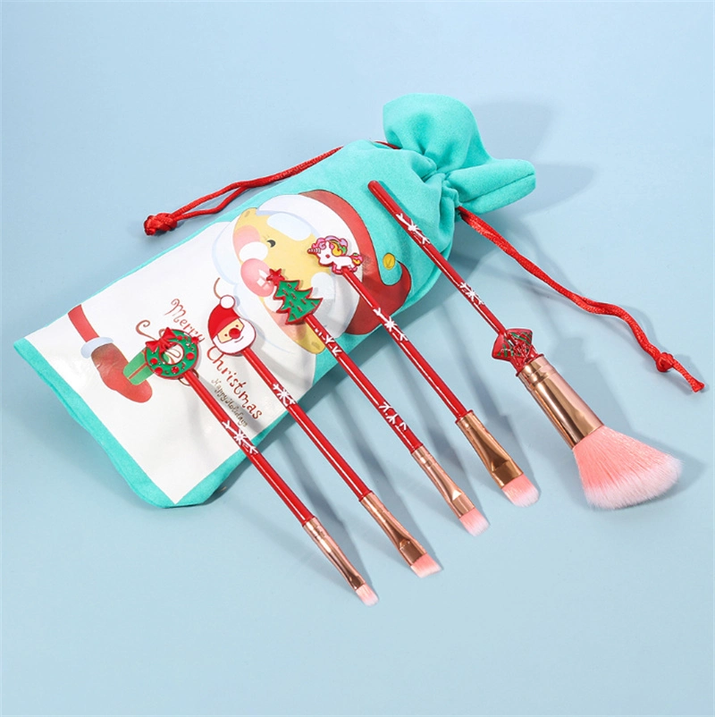 Portable 5pcs Großhandel kosmetische Pinsel Tool Kit Foundation Eyeshadow Weihnachten Geschenkschminkpinsel Set mit Tasche